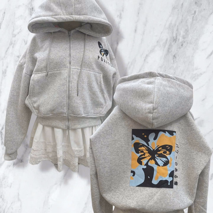 Áo Khoác Nỉ Dày Dặn Form Boxy In Hình Bướm Có Túi Trong, Tay Xỏ Ngón M33 - Golden Dream - Ảnh 4