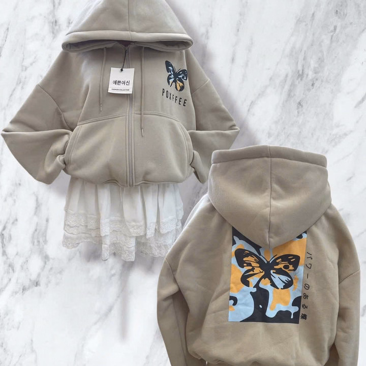 Áo Khoác Nỉ Dày Dặn Form Boxy In Hình Bướm Có Túi Trong, Tay Xỏ Ngón M33 - Golden Dream - Ảnh 8