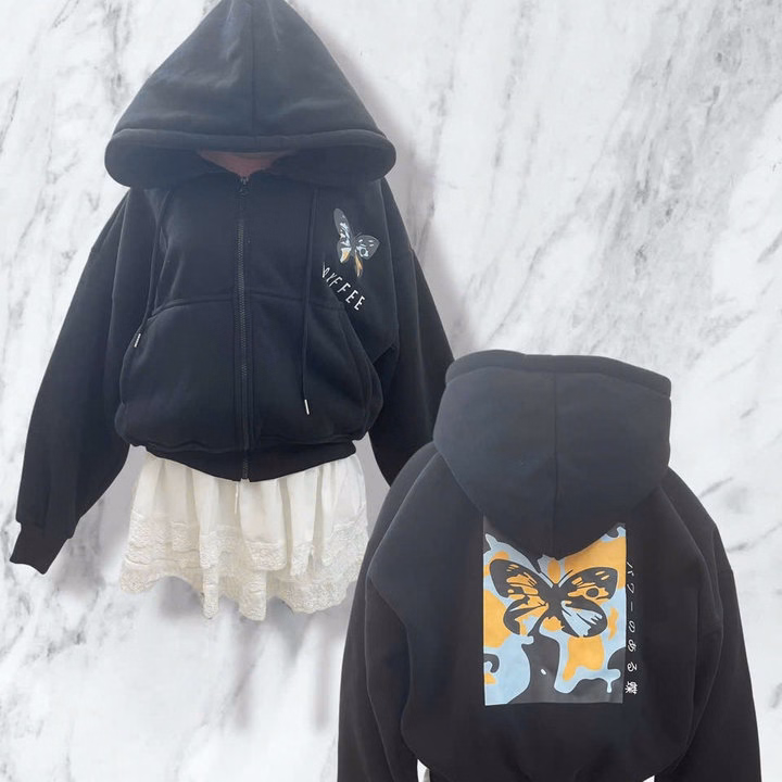 Áo Khoác Nỉ Dày Dặn Form Boxy In Hình Bướm Có Túi Trong, Tay Xỏ Ngón M33 - Golden Dream - Ảnh 9