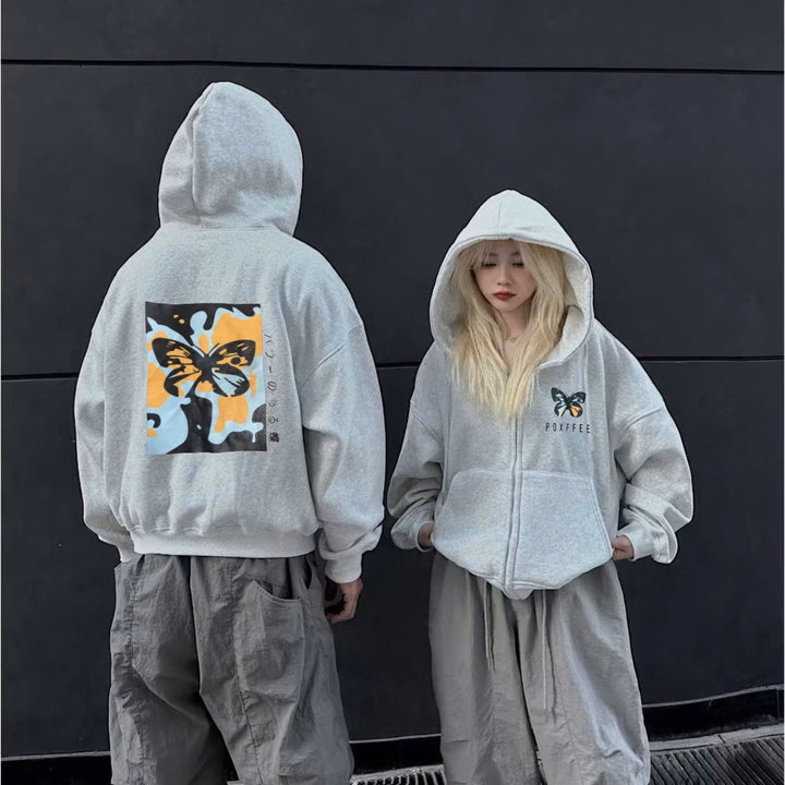 Áo Khoác Nỉ Form Boxy Tay Phồng In Hình Bướm, Áo Có Túi Trong Và Tay Xỏ Ngón Unisex Nam Nữ M33