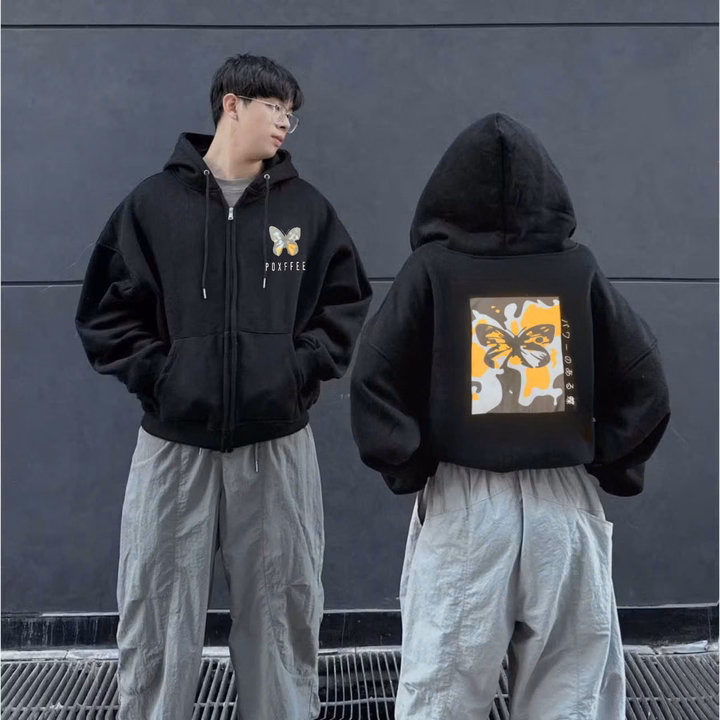 Áo Khoác Nỉ Form Boxy Tay Phồng In Hình Bướm, Áo Có Túi Trong Và Tay Xỏ Ngón Unisex Nam Nữ M33 - Ảnh 4