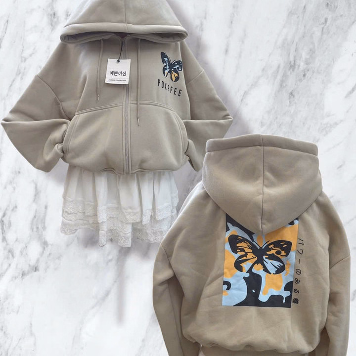 Áo Khoác Nỉ Form Boxy Tay Phồng In Hình Bướm, Áo Có Túi Trong Và Tay Xỏ Ngón Unisex Nam Nữ M33 - Ảnh 3