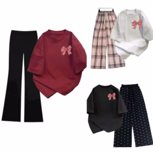 Tổng Hợp Các Sét Bộ Quần Ống Suông Dài+Mix Áo Phông Form Rộng -Hình Nơ Kẻ Caro Đỏ In Áo Ngực