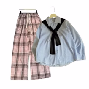 Bộ Sét Quần Rộng Chất Đũi Xốp Kẻ Vằn+Và Áo Sơ Mi Xốp Kèm Khăn Quàng Màu Xanh Dương