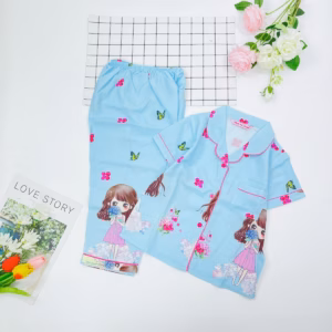 Đồ Bộ Trẻ Em Pijama Lụa Satin Thiết Kế Tay Ngắn Quần Dài Size 7 (16-17Kg) - Thaovy Kids