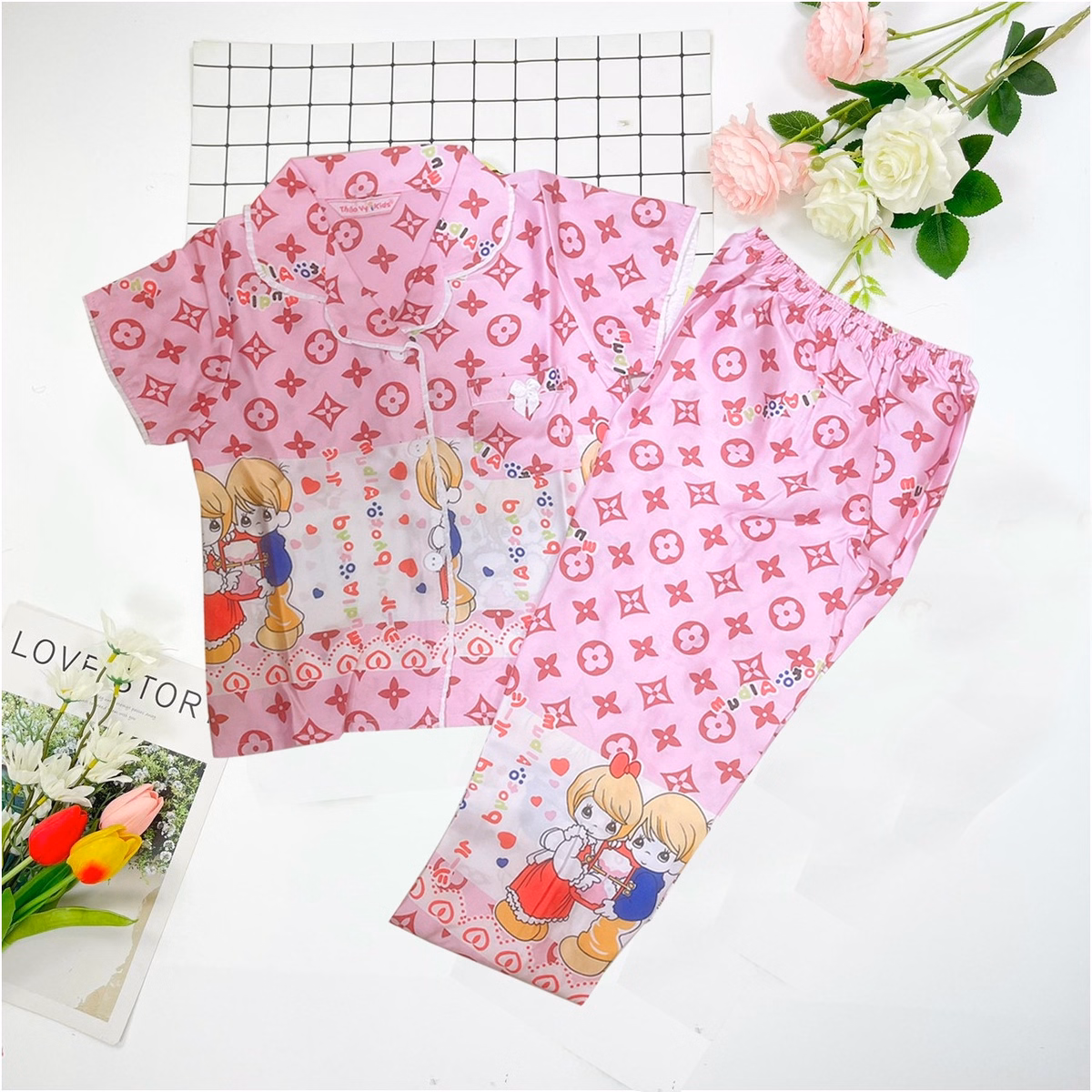 Đồ Bộ Trẻ Em Pijama Lụa Satin Thiết Kế Tay Ngắn Quần Dài Size 8 (18-20Kg) - Thaovy Kids - Ảnh 2