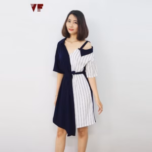 Đầm Phối Sọc Thắt Nơ Eo Phối Xanh - Vanass