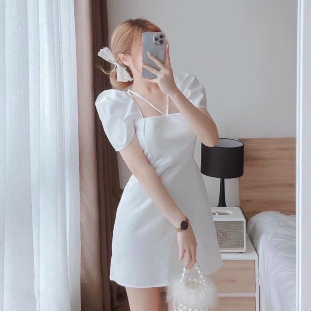 Đầm Chữ A Tay Bồng Cổ Vuông Sang Trọng Phối Dây Buộc Nơ Vd42 - Vanass - Ảnh 2