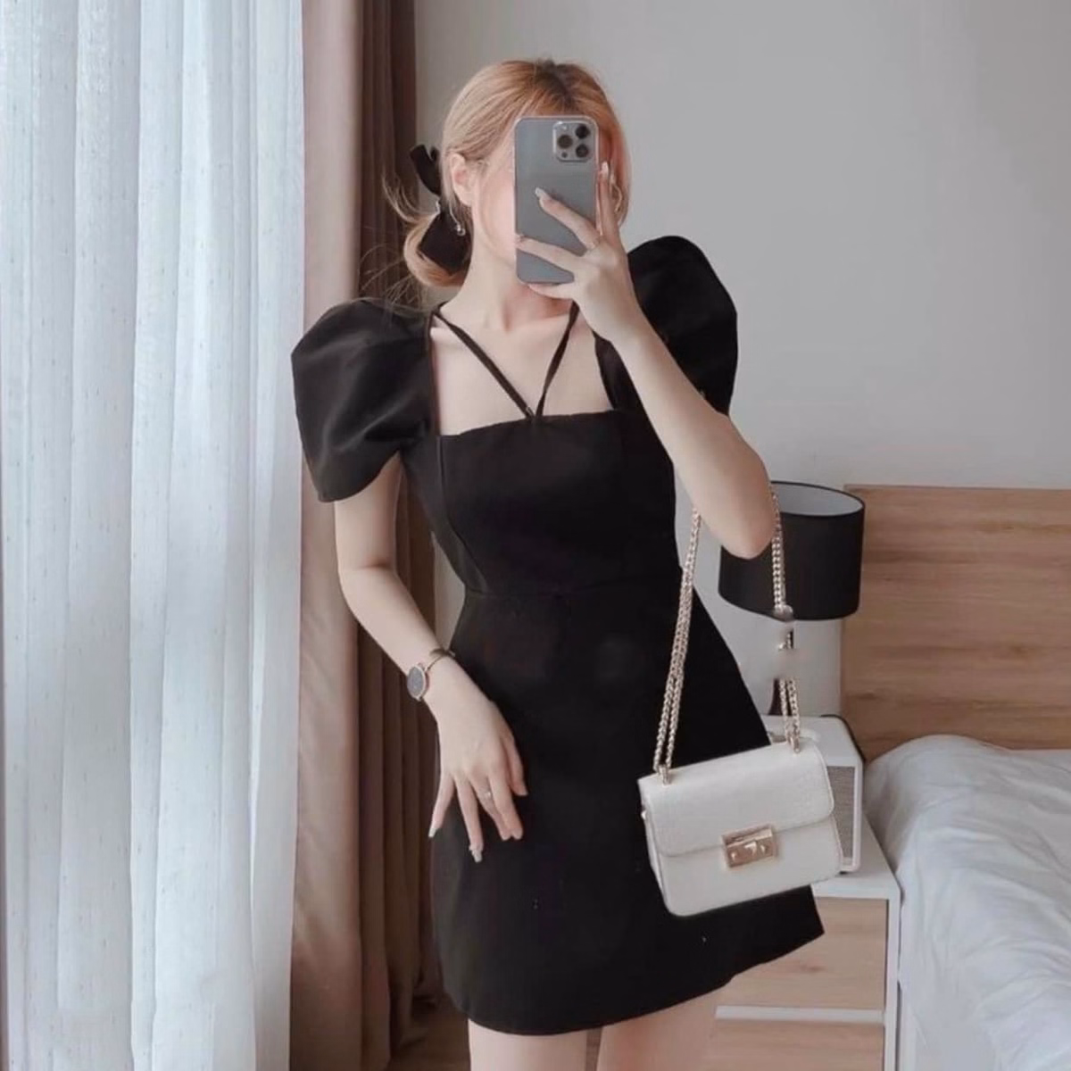 Đầm Chữ A Tay Bồng Cổ Vuông Sang Trọng Phối Dây Buộc Nơ Vd42 - Vanass - Ảnh 3