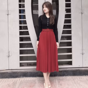 Chân Váy Xếp Ly Kèm Đai Midi Vintage Dáng Công Sở Lưng Cao - Chipxinhxk