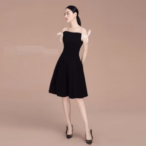 Đầm Xòe Đen Phối Nơ Nude Tay - Vanass
