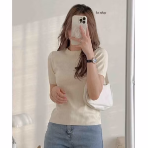 Áo Len Cộc Tay Cổ Tròn Chất Len Mềm Mịn, Họa Tiết Gân - Chipxinhxk