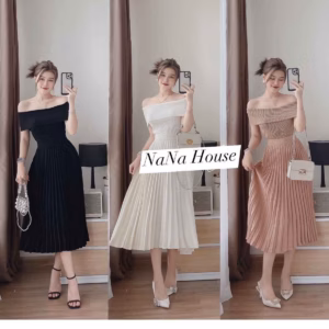 Set Áo Bẹt Vai Mĩ Chân Váy Dập Ly Xòe - Nana House