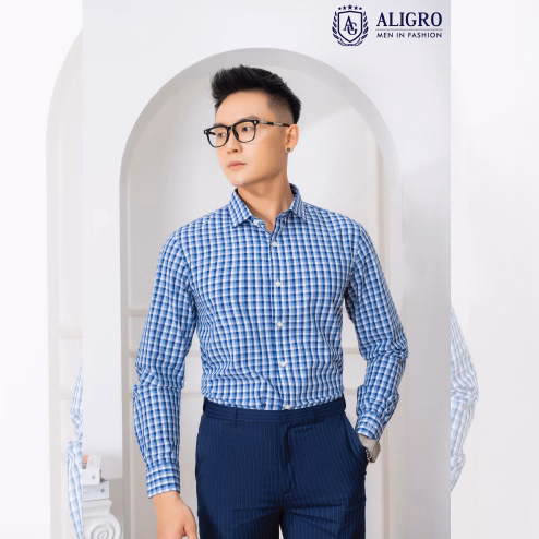 Áo Sơ Mi Dài Tay Bamboo Kẻ Caro Xanh - Aligro - Ảnh 2