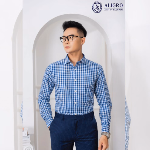 Áo Sơ Mi Dài Tay Bamboo Kẻ Caro Xanh - Aligro - Ảnh 3
