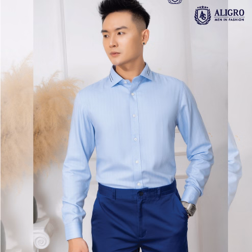 Áo Sơ Mi Dài Tay Bamboo Xanh Sọc Chìm - Aligro - Ảnh 2