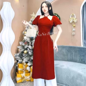 Set Áo Dài Nhung Đỏ Cổ Yếm - Nana House