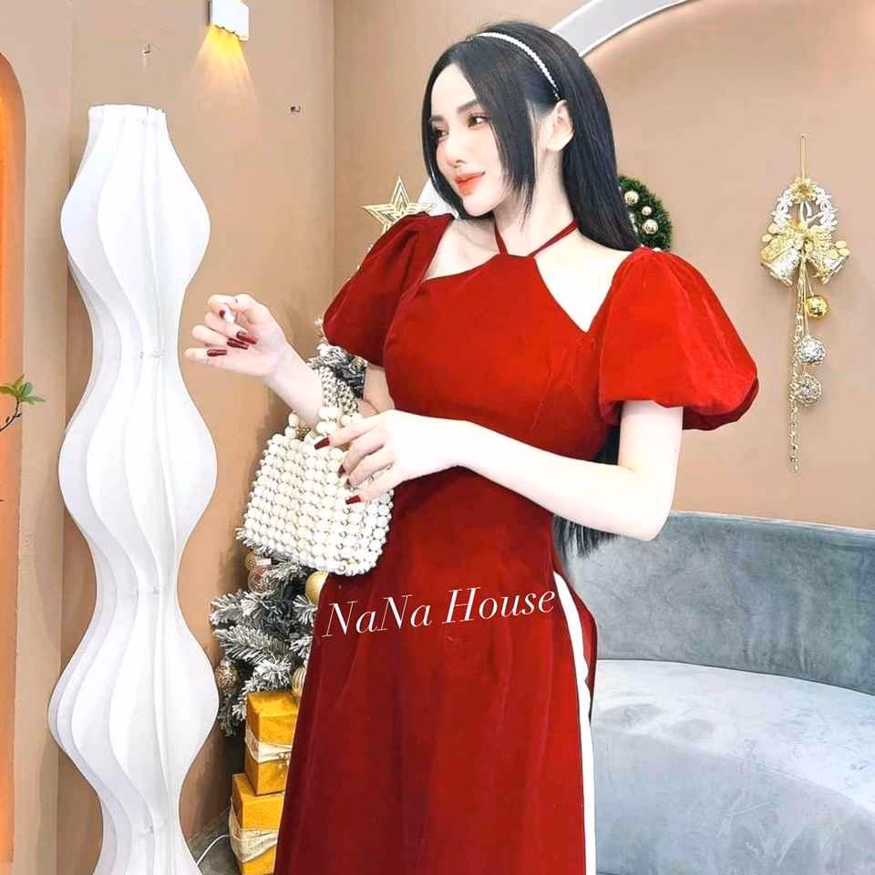 Set Áo Dài Nhung Đỏ Cổ Yếm - Nana House - Ảnh 2