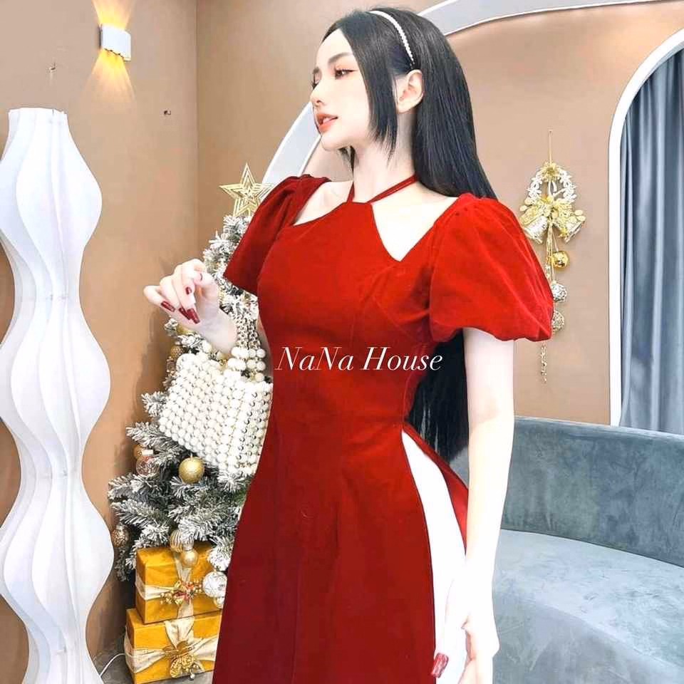 Set Áo Dài Nhung Đỏ Cổ Yếm - Nana House - Ảnh 4