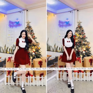 Đầm Nhung Cổ Sơ Mi Kèm Nơ Nhung Đỏ - Nana House