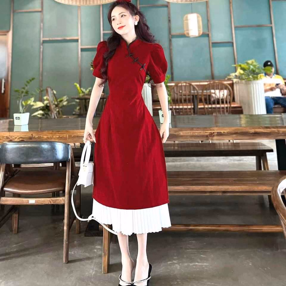 Set Áo Dài Cách Tân Tay Phồng Cổ Tàu, Chân Váy Dập Ly S43- Nana House