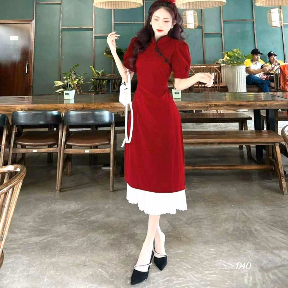 Set Áo Dài Cách Tân Tay Phồng Cổ Tàu, Chân Váy Dập Ly S43- Nana House - Ảnh 2