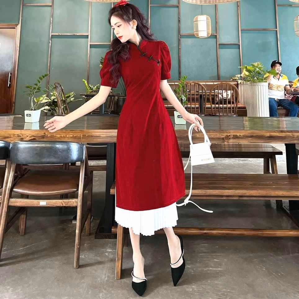 Set Áo Dài Cách Tân Tay Phồng Cổ Tàu, Chân Váy Dập Ly S43- Nana House - Ảnh 3