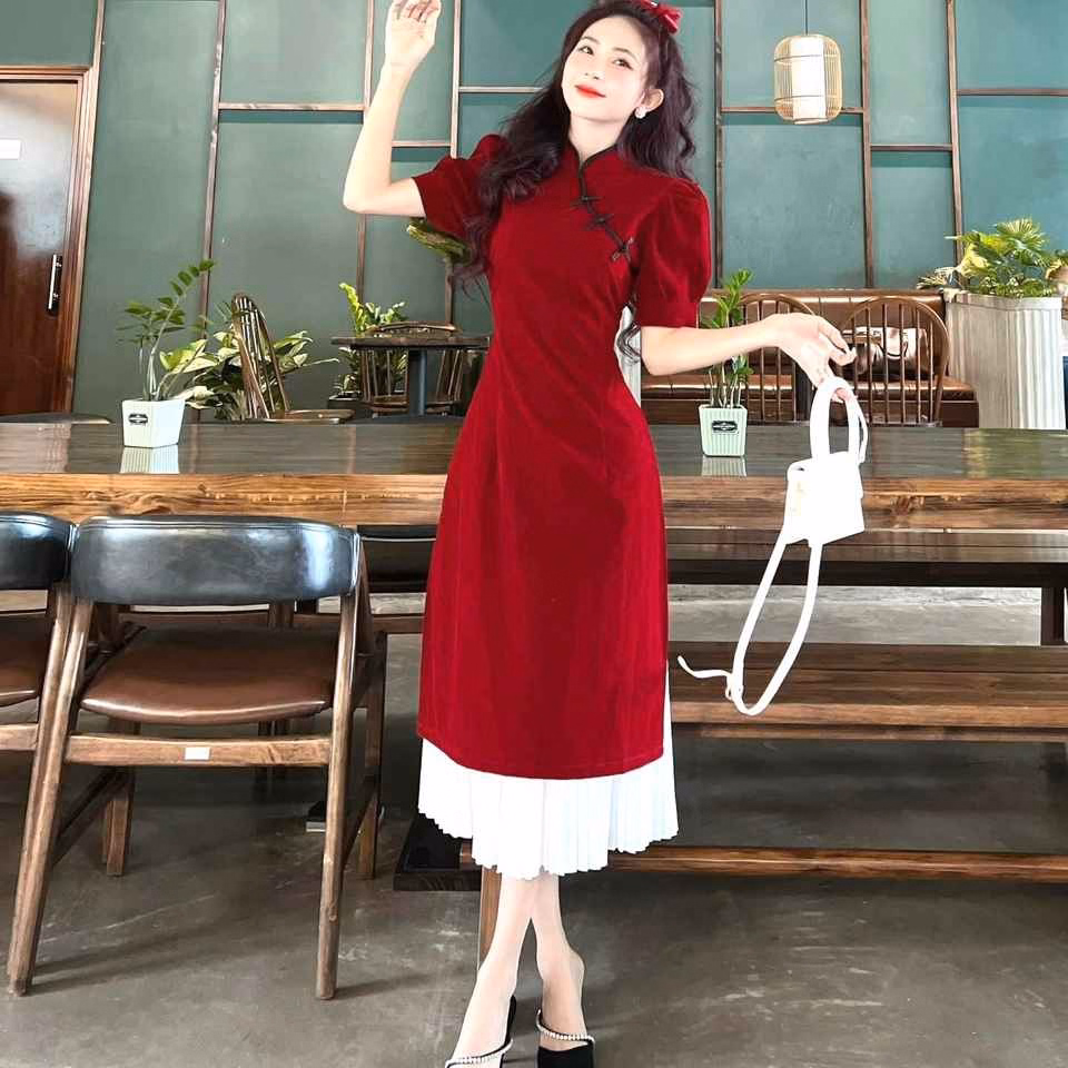 Set Áo Dài Cách Tân Tay Phồng Cổ Tàu, Chân Váy Dập Ly S43- Nana House - Ảnh 4