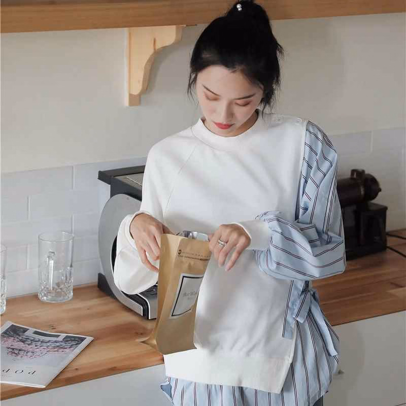Áo Sweater Trắng Bất Đối Xứng Sọc Xanh Thắt Nơ - Mushroom Lee - Ảnh 9