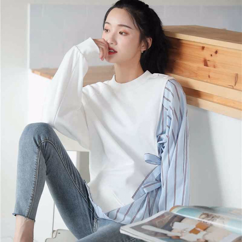 Áo Sweater Trắng Bất Đối Xứng Sọc Xanh Thắt Nơ - Mushroom Lee - Ảnh 10