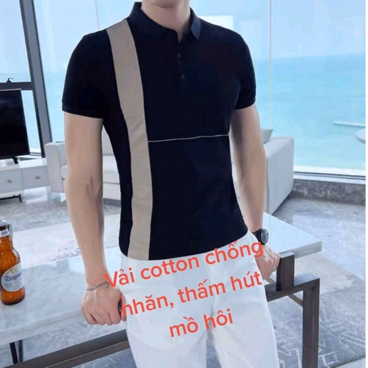 Áo Phông Nam Ngắn Tay, Cổ Bẻ Phối Kẻ Dọc Thân Áo Cao Cấp Ctb07- Bechip - Ảnh 2