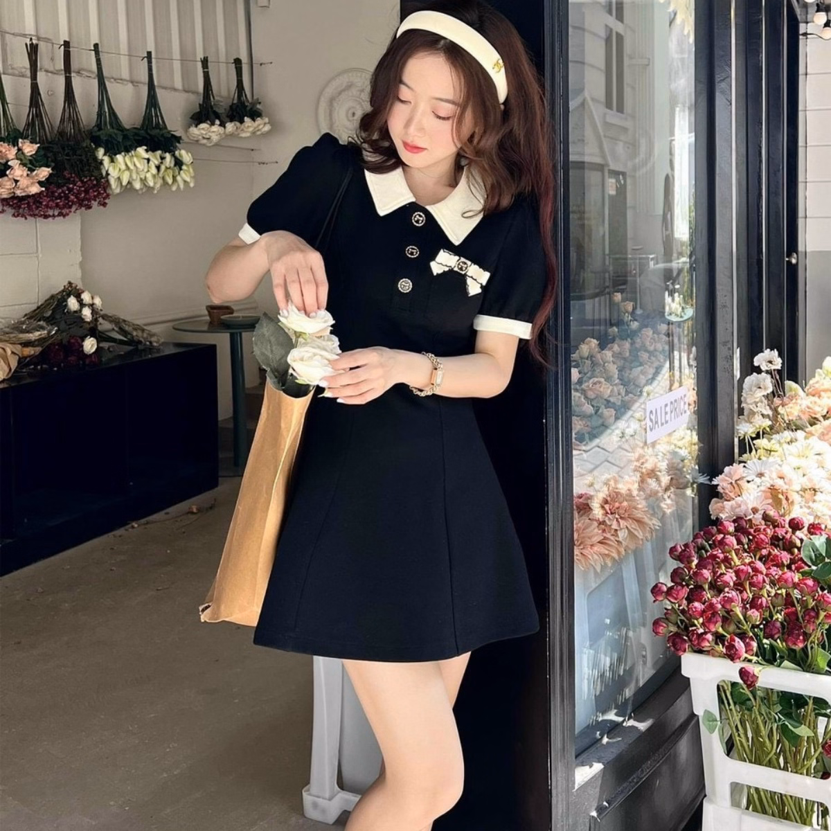 Đầm Tiểu Thư Cổ Bẻ Phối Nút Đính Nơ Umi Siêu Đẹp - Lê Phương Boutique - Ảnh 9