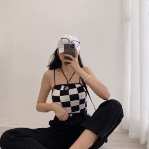 Áo 2 Dây Dáng Croptop Kẻ Ô Caro Phối Dây Cổ - Diepchi Fashion