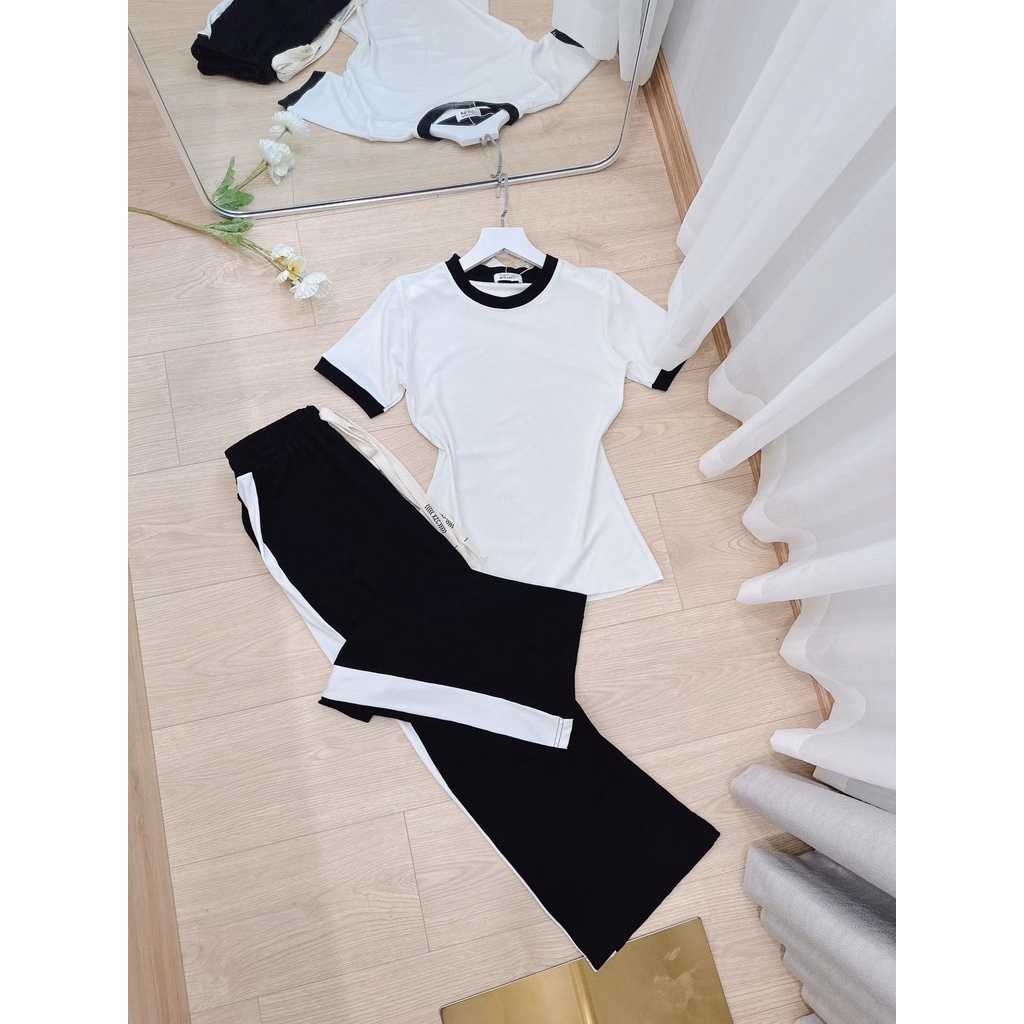 Set Bộ 2 Món Áo Thun Nữ Màu Trắng Kèm Quần Ống Rộng Phối Kẻ Trắng - Diepchi Fashion