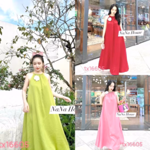 Váy Maxi Đi Biển Cổ Yếm Dáng Dài Đính Bông Sang Trọ Nana Freesize < 55Kg S30- Nana House