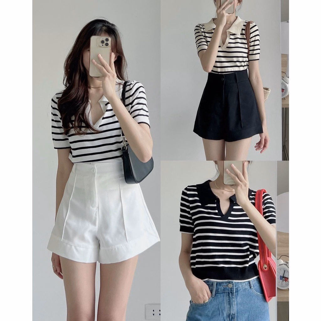 Áo Len Nữ Cổ Bẻ Kẻ Ngang Với 3 Nền Màu Khác Nhau Cực Xinh Alpl - Diepchi Fashion