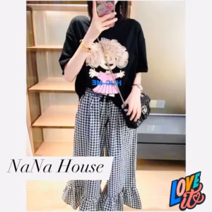 Set Bộ Cô Gái Phối Lưới -Quần Suông Caro Lai Bèo Freesize Ct075 - Nana House