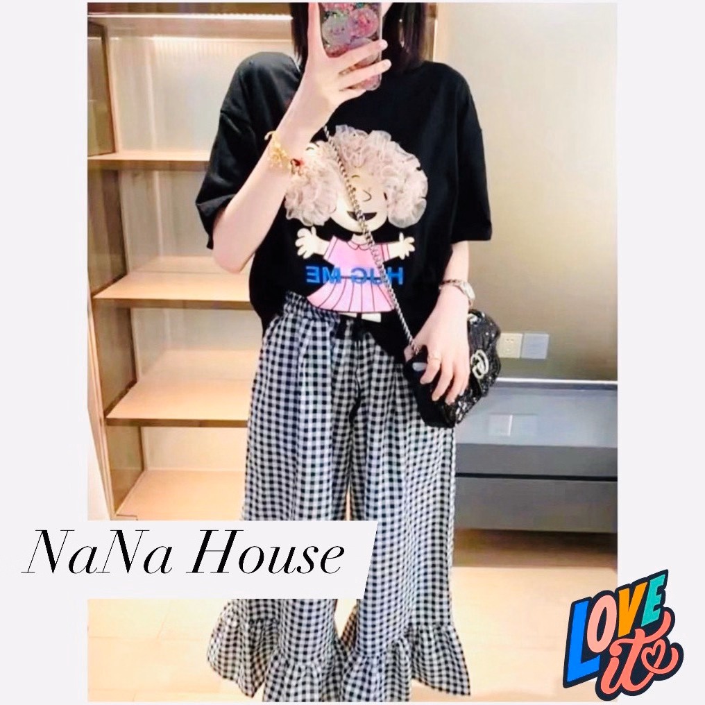 Set Bộ Cô Gái Phối Lưới -Quần Suông Caro Lai Bèo Freesize Ct075 - Nana House