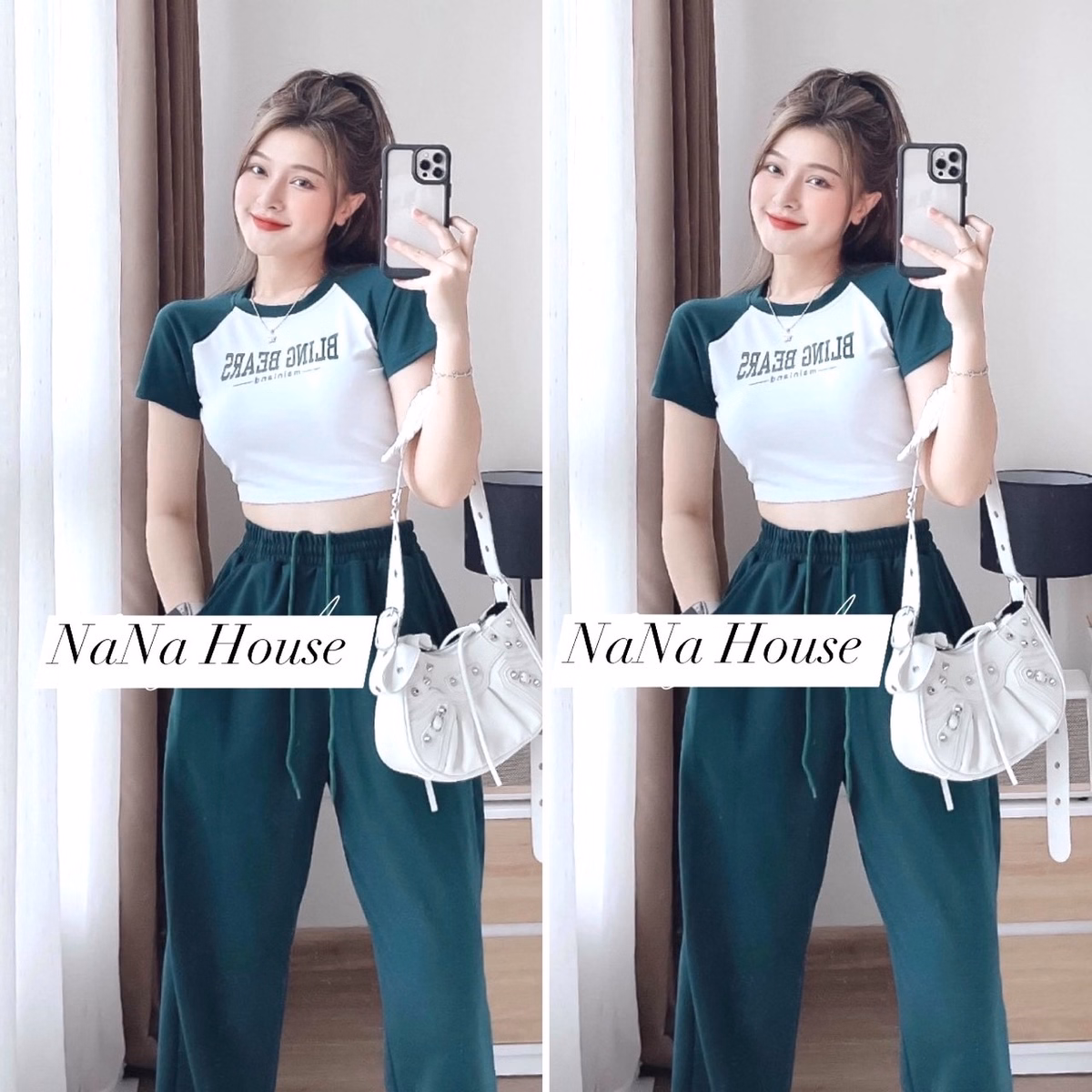 Set Bộ Đồ Nữ Thun Áo Crotop Mix Quần Ống Rộng Ct089 - Nana House - Ảnh 4