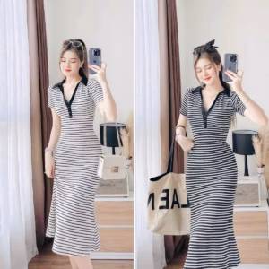Đầm Váy Polo Nữ Cổ Sơ Mi Thun Cotton ,Tay Ngắn Sọc Đen ,Trắng Ct570 - Nana House