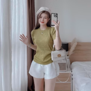 Áo Len Tăm Hàn Quốc Cộc Tay Dáng Ôm Cổ Tròn - Be Yourself