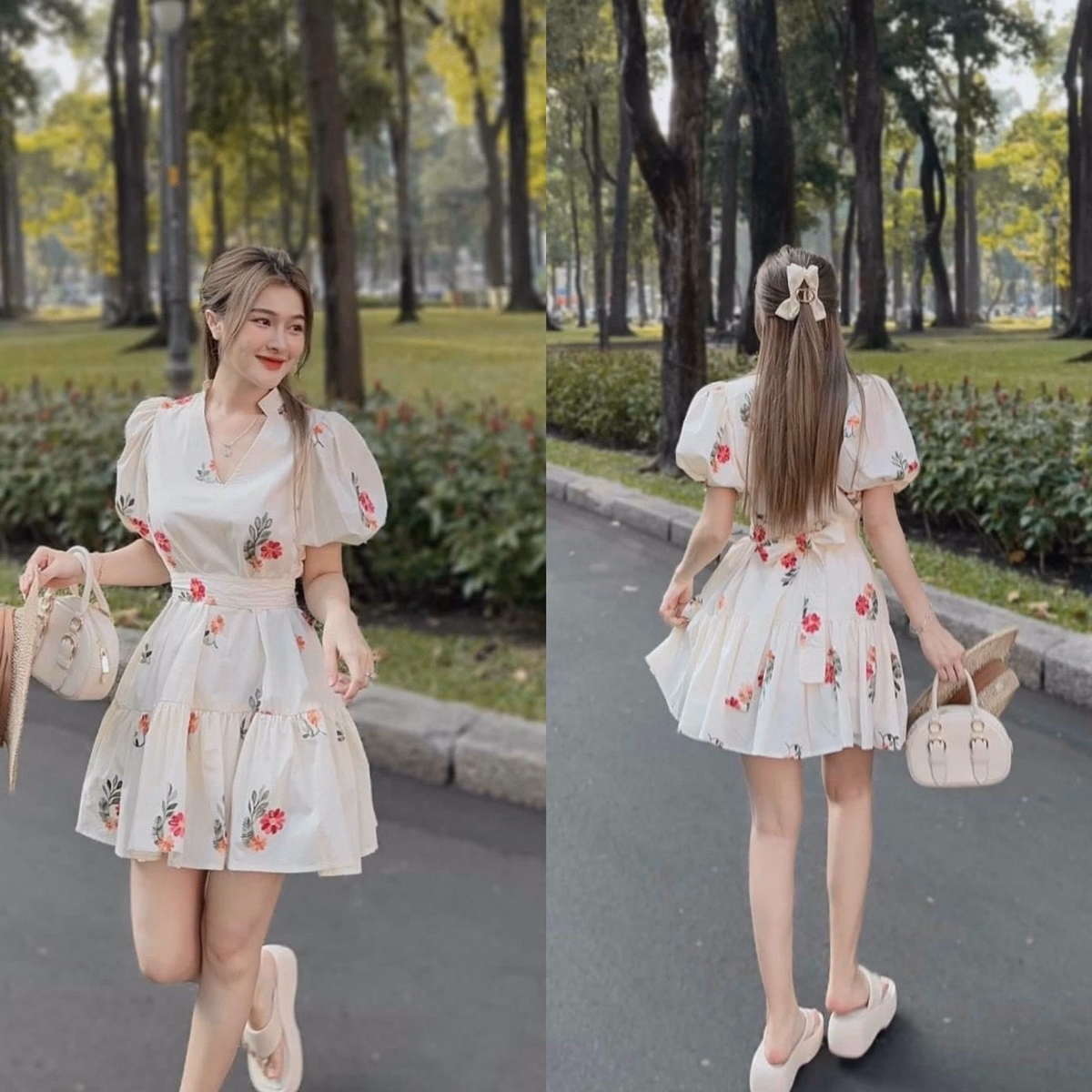 Đầm Váy Nữ Cổ Tim, Tay Phồng, Họa Tiết Hoa Xinh Xắn Dd115 - Nana House