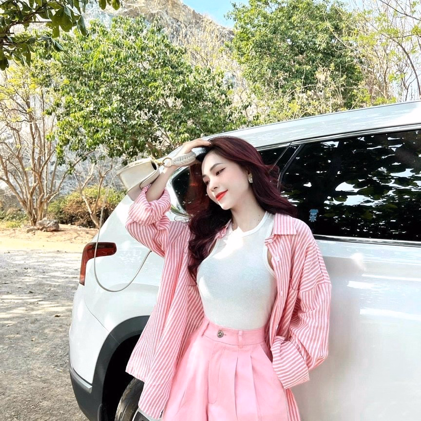 Set 3 Món Áo Kate Sọc Tay Dài Mix Áo Ba Lỗ, Quần Short Hồng Dd011 - Nana House