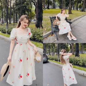 Đầm Voan Hoa Cổ Vuông Tay Phồng Dáng Babydoll Voan Chinfon 2 Lớp Dd501 - Nana House
