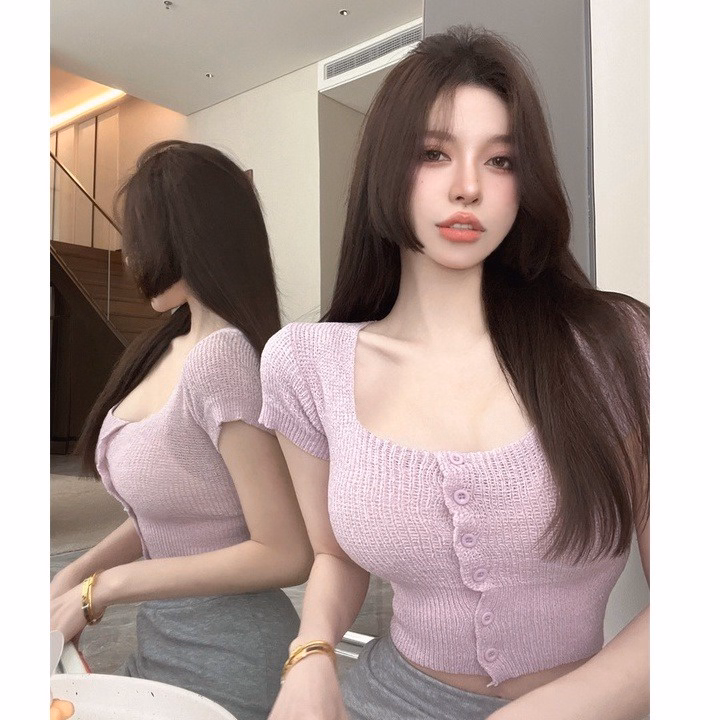 Áo Len Nữ Cổ Vuông Ngắn Tay Dáng Croptop Phối Khuy Giữa Alcrt - Chipxinhxk - Ảnh 6