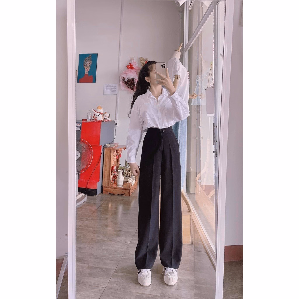 Quần Nữ Ống Rộng Chất Tuyết Mưa Phối Khuy Giữa, Cạp Cao Tôn Dáng Qorkg - Diepchi Fashion