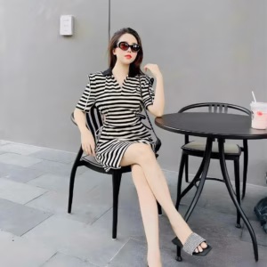 Váy Đầm Sọc Cổ Sơ Mi Rút Dây Eo Dd009 - Nana House