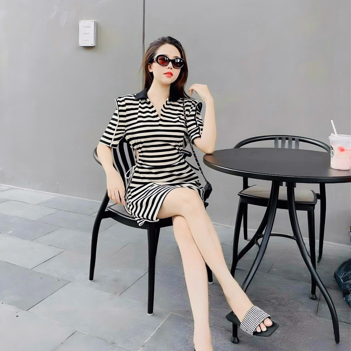 Váy Đầm Sọc Cổ Sơ Mi Rút Dây Eo Dd009 - Nana House