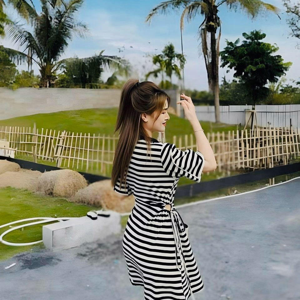 Váy Đầm Sọc Cổ Sơ Mi Rút Dây Eo Dd009 - Nana House - Ảnh 3