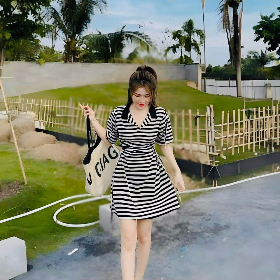 Váy Đầm Sọc Cổ Sơ Mi Rút Dây Eo Dd009 - Nana House - Ảnh 4